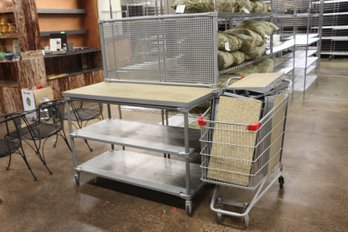 Rolling Display With Corkboard Top 53' X 24' And Cart Full Of Shelves