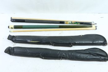 Pair Of Vintage Pool Sticks In Soft Cases 1 Has Dragon