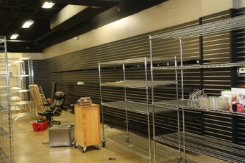 Large Wall Of Slot Wall And Slot Wall Shelves 20 4'x8' Pieces & Apox 50 Shelves