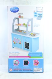 Wooden Bakery Playset Pretend Stand For Kids - 25 Piece Bake Shop Counter W Food, Chalkboard, Cash Register, T