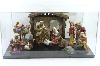 Large Porcelain  Nativity Scene Enclosed In Plexiglass Case 36' Wide 20' Tall