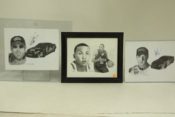 Group Of 3 Autographed Photos 2 Nascar & 1 Basketball Drawn By Frank Nareau