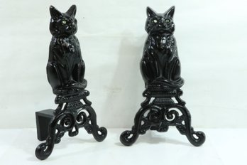 Pair Of Cast Iron Cat Andirons With Marble Eyes