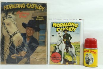 Group Of Hopalong Cassidy Item Includes Thermos, Coloring Book And Comic #16 1948