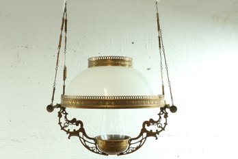 Antique Brass Hanging Light 14' Round Milk Glass Shade