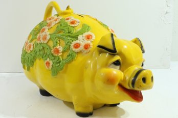 Vintage Universal Statuary Corp Piggy Bank Big Yellow Floral Pig Farm Handle 18'