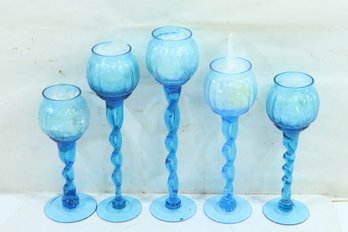 Group Of Blue Handblown Candle Holders