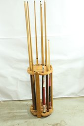 Vintage Pool Stick Holder With 9 Pool Sticks