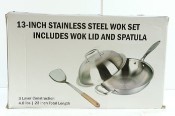 13-Inch Stainless Steel Set Pan With Wok Lid & Bamboo Spatula Willow & Everett New