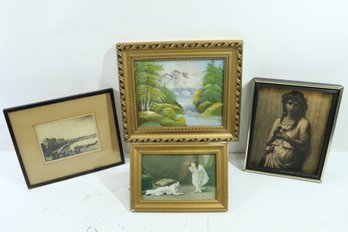 Group Of Small Vintage/Antique Framed Art Pieces See Photos For Details