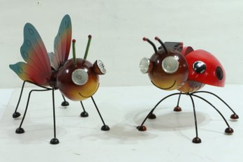 Pair Of Metal Garden Art Decoration Steel Lady Bug & Butterfly Figurine With Solar Powered Led Lights