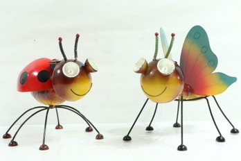 Metal Garden Art Decoration Steel Lady Bug & Butterfly Figurine With Solar Powered Led Lights