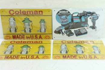 Group Of Tin Signs Includes Coleman & Makita 8' X 12'