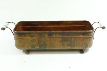 Vintage Copper Planter With Blue And White Ceramic Handles