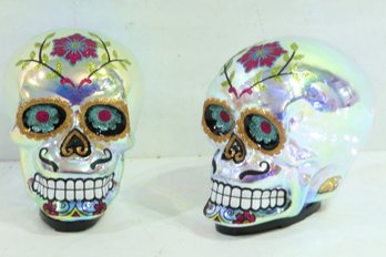 Pair Of Hand Painted Glass Light Up Skulls
