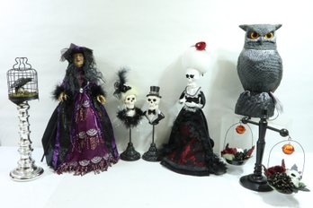 Group Of Halloween Decor Includes Owl, Skelton Ladys Etc.