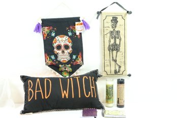 Group Of Halloween Items Includes Pillows, Banners, Candles Etc