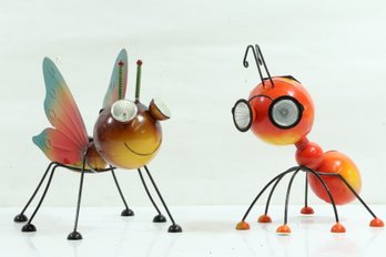 Pair Of Metal Garden Art Decoration Steel Red Ant & Butterfly Figurine With Solar Powered Led Lights