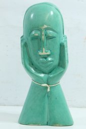 Heavy Abstract Head With Hands Teal Statue