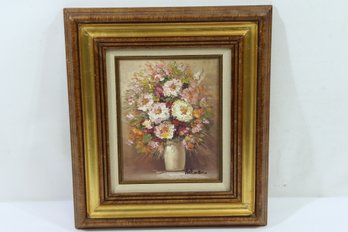 Vintage Signed Oil On Wood Board Of Flowers