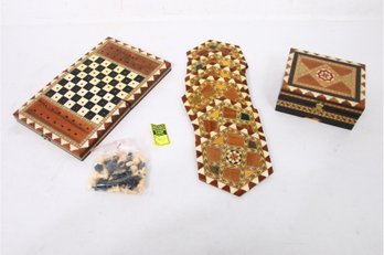 Group Of V. MOLERO Artesania Granadina Marquetry Box, Coasters And Chess Set