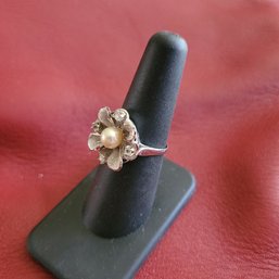 Sterling Silver Flower Ring With Pearl Center And CZ Accents - Size 7