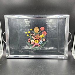 Large Silver Handled 21' X 13 ' Tray With Real Dried Flowers Under Glass