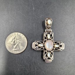 Hefty Sterling Silver  W/ Pink And White Moonstone Cross Pendant - Nice!