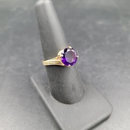Solid 14k Yellow Gold Large 10mm Deep Purple Amethyst Ring - Size 8