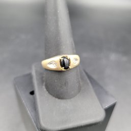 Solid 10k Yellow Gold Mens Ring With Onyx  W/ Diamond Accents - Size 10.25