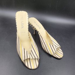 Pair Of PRADA Brown And Yellow Striped Heel Sandals - Size 38  7.5 US