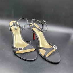 New Pair Of Womens Black Satin High Heel Sandals With Red Souls! Size 9.5