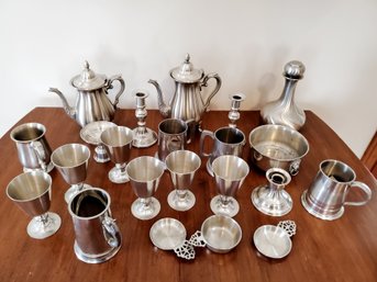 Large Lot Of Pewter Decorative Cups Bowls Tea Pots & More