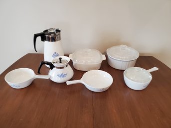 Group Of Vintage Corning Ware Pieces - Casserole, Skillets, Coffee Percolator