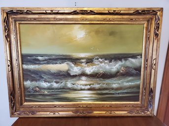 Vintage Oil On Canvas Waves Seascape With Birds Signed ROAL ENGLISH