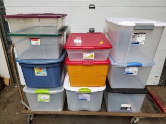 Group Of 10 Plastic Storage Boxes Totes With Lids - See Labels For Sizes