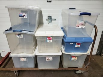 Group Of 8 Plastic Storage Boxes Totes With Lids - See Labels For Sizes