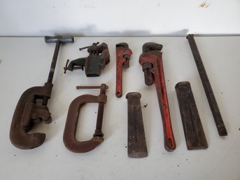 Group Of C-clamps, Pipe Wrenches , Pipe Cutters, Vice & More