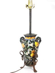 Early Italian Majolica Pottery Lamp Floral Hand Painted Signed Italy Iron Stand