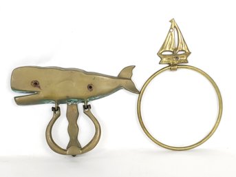 Vintage Beach House Whale Knocker Sail Boat Holder Nautical Decor Distressed Brass