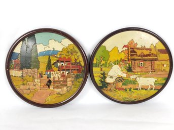 Pair Of Russian Treen Wall Plates Plaques Made In Soviet Union