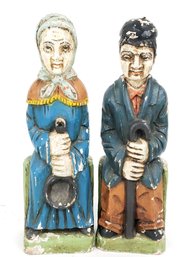 Vintage Pair Of Carved Painted Wooden Figures