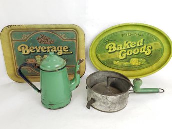Vintage Green Kitchen Lot, 1979 Tin Trays, Enamel Pot
