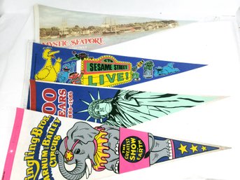 4 Vintage Pennants,  Ringling Bros, Mystic, Sesame Street