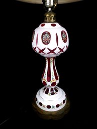 Czech Cranberry Cut To Clear Glass Lamp With Painted Floral Design