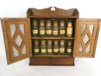 Vintage Wood Wall Mount Spice Rack With Apothecary Style Bottles
