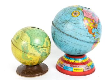 Vintage Ohio Art Globe Coin Banks, Old World Latin And Astrological Models