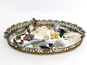 Mixed Costume Jewelry Lot On Mirrored Vanity Tray