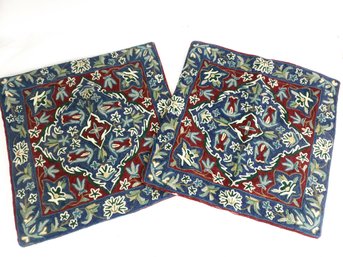 2 - 17 X 17 Crewel Pillow Cover Embroidered Chain Stitch Floral Blue Red