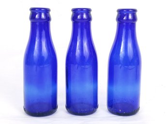 3 VINTAGE BROMO-CEDIN COBALT BLUE GLASS BOTTLE 5-1/2' H EMBOSSED